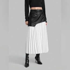 Black Faux Leather & White Pleated Midi Skirt Women’s Layered Two Tone Skirt